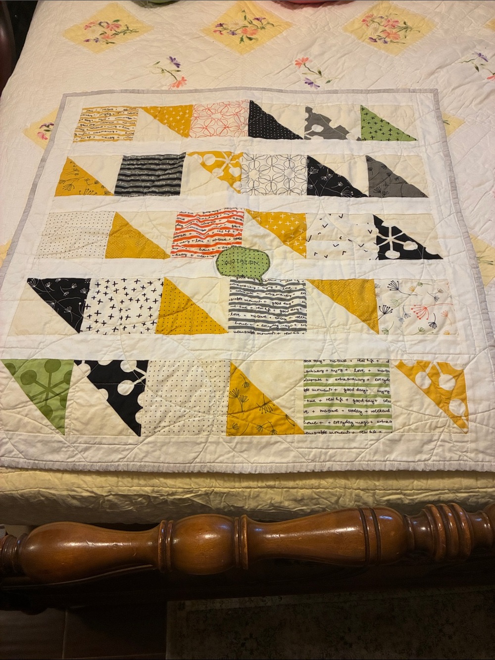 Handmade Yellow, Black, Green Patchwork Baby Quilt - Babies Bedding